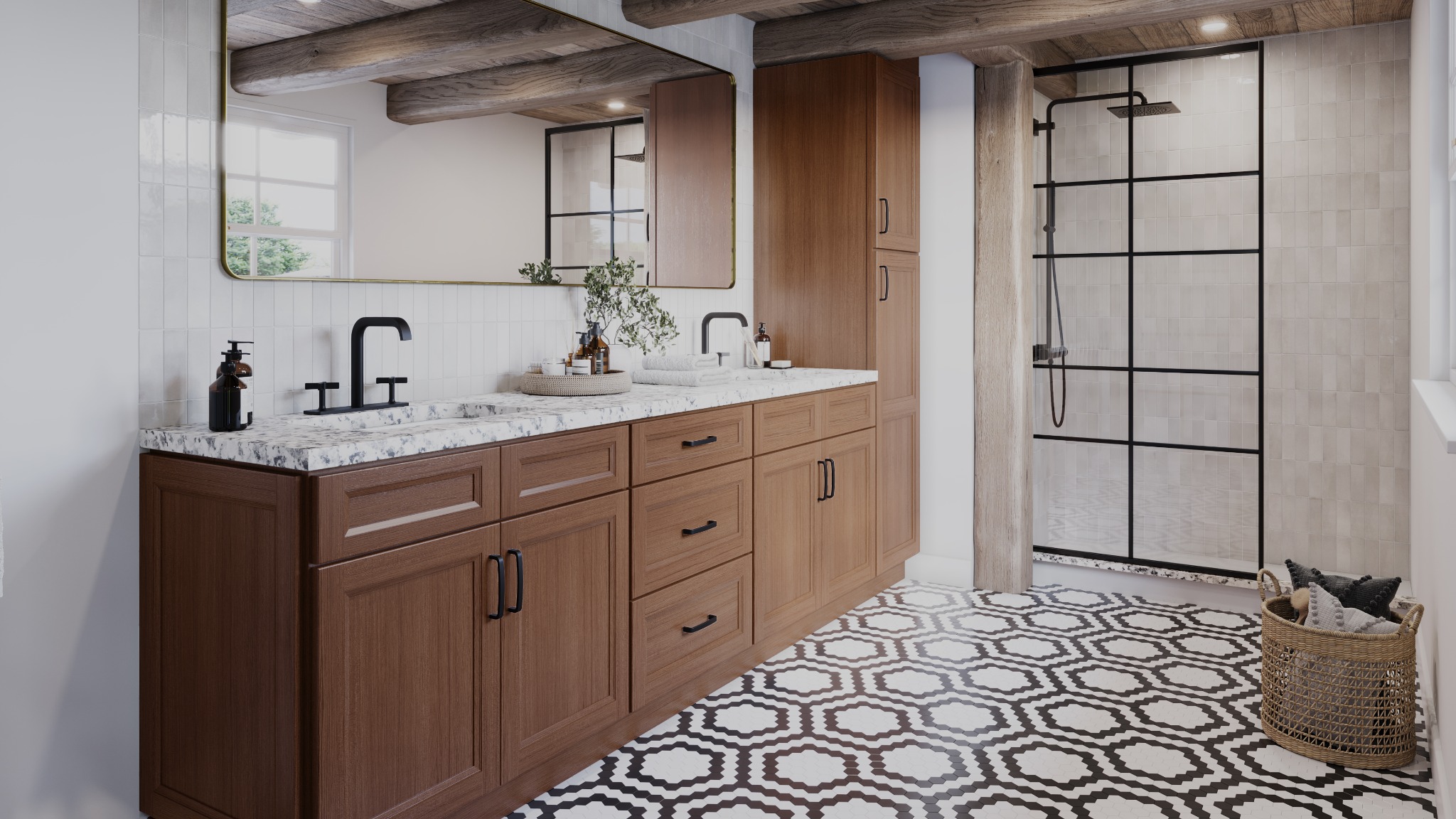 Bourbon oak vanity with marble countertop and black fixtures